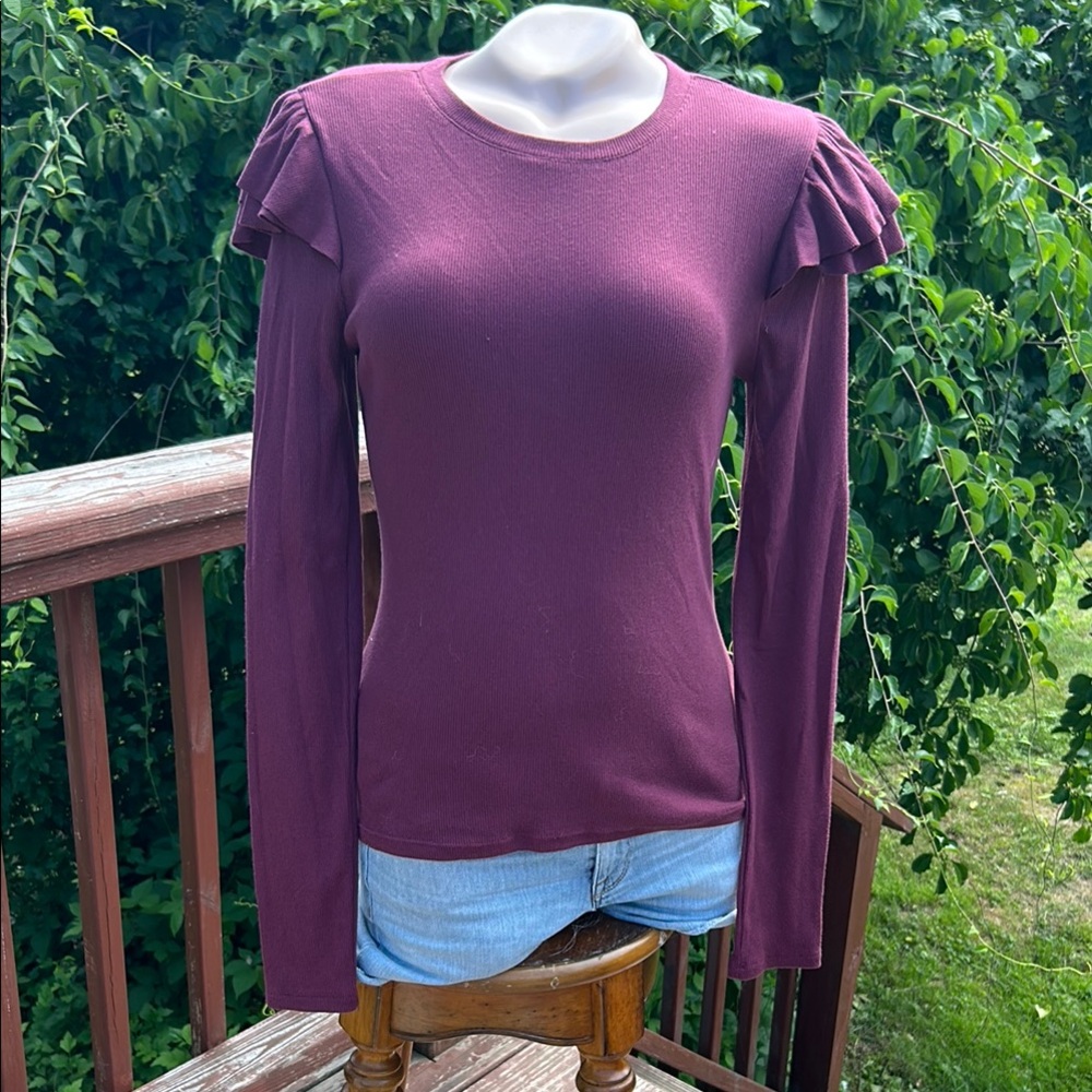 Gap Long Sleeve Top - Ruffle Trim - Knit- Wine/Plum Color